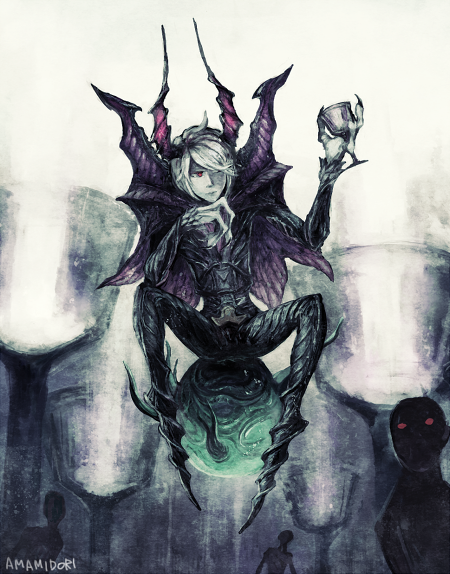 2016 2_horns 3_fingers :| amamidori bangs biped black_claws claws container cup detailed_background digital_media_(artwork) digital_painting_(artwork) featureless_feet final_fantasy final_fantasy_xiv fingers goblet group hair hair_over_eye holding_container holding_cup holding_goblet holding_object horn horned_humanoid humanoid male membrane_(anatomy) membranous_wings monochrome one_eye_obstructed purple_and_white purple_horn purple_membrane purple_wings red_eyes restricted_palette silhouette simple_background sitting sitting_on_ball slim slim_humanoid slim_male solo solo_focus species_request square_enix swept_bangs thin_fingers white_background white_hair winged_humanoid wings