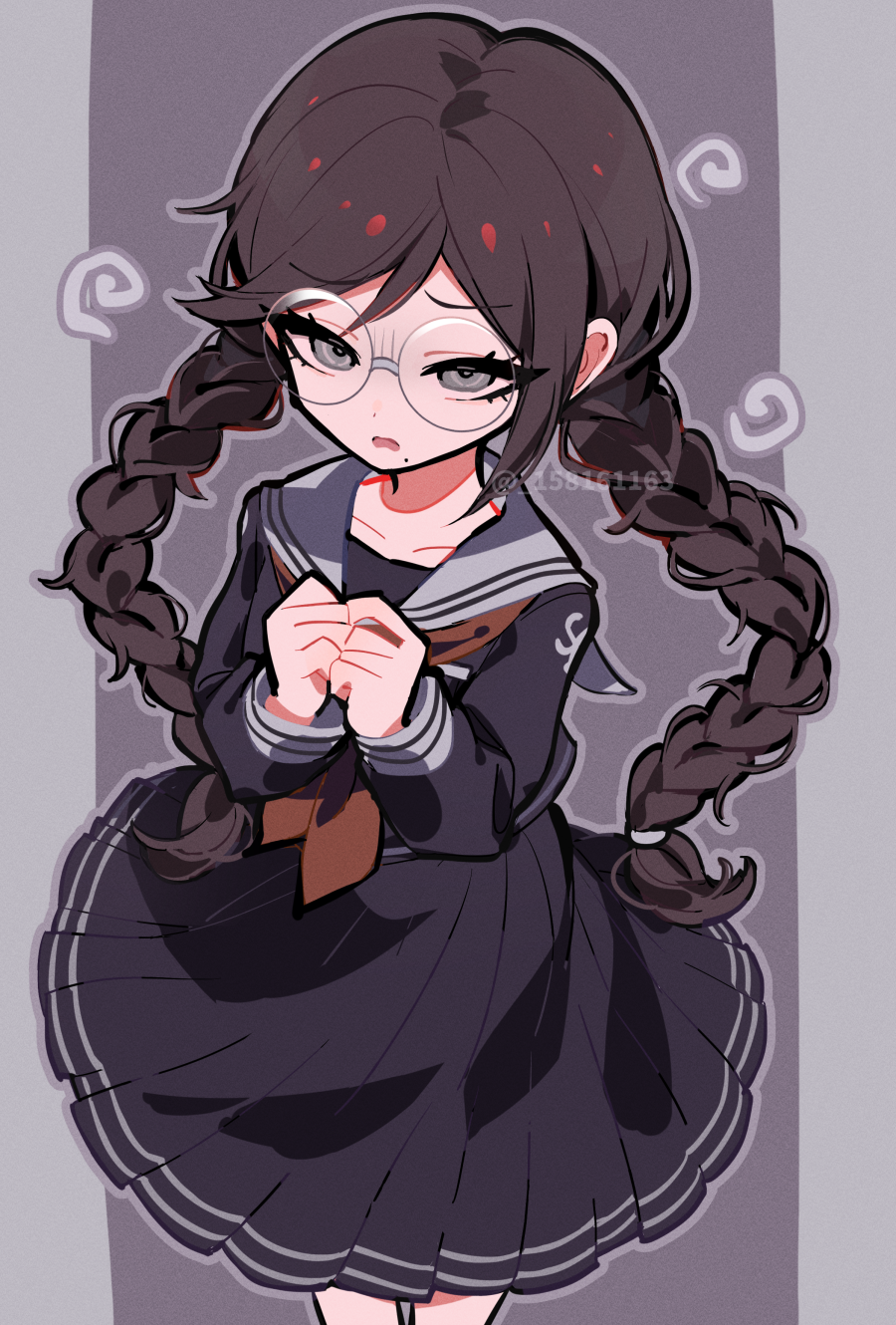 1girl black_shirt black_skirt braid collarbone cowboy_shot d: danganronpa:_trigger_happy_havoc danganronpa_(series) fukawa_toko glasses grey_sailor_collar hands_up highres long_sleeves looking_at_viewer low_twin_braids mole mole_under_mouth neckerchief open_mouth own_hands_together pleated_skirt red_neckerchief round_eyewear sailor_collar shirt skirt solo suzu_i twin_braids