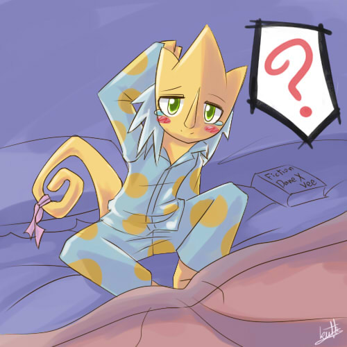 12tails 1:1 blue_pajamas blush bodily_fluids book clothed clothing front_view glistening glistening_eyes green_eyes kuttoyaki looking_at_viewer low_res male pajamas question_mark signature sitting solo species_request tail tears yellow_body yellow_tail