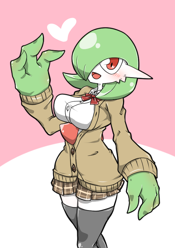 1girl arm_at_side black_thighhighs blush bob_cut bow bowtie breasts brown_cardigan brown_skirt buttons cardigan clothed_pokemon collared_shirt colored_skin commentary_request gardevoir green_hair green_skin hair_over_one_eye hand_up happy heart kazamidoririnn long_sleeves looking_at_viewer medium_breasts miniskirt multicolored_skin one_eye_covered open_cardigan open_clothes open_mouth personification pink_background plaid plaid_skirt pleated_skirt pokemon pokemon_(creature) red_bow red_bowtie red_eyes school_uniform shiny_skin shirt short_hair simple_background skirt smile solo standing thighhighs thighs two-tone_background two-tone_skin variant_set white_shirt white_skin zettai_ryouiki