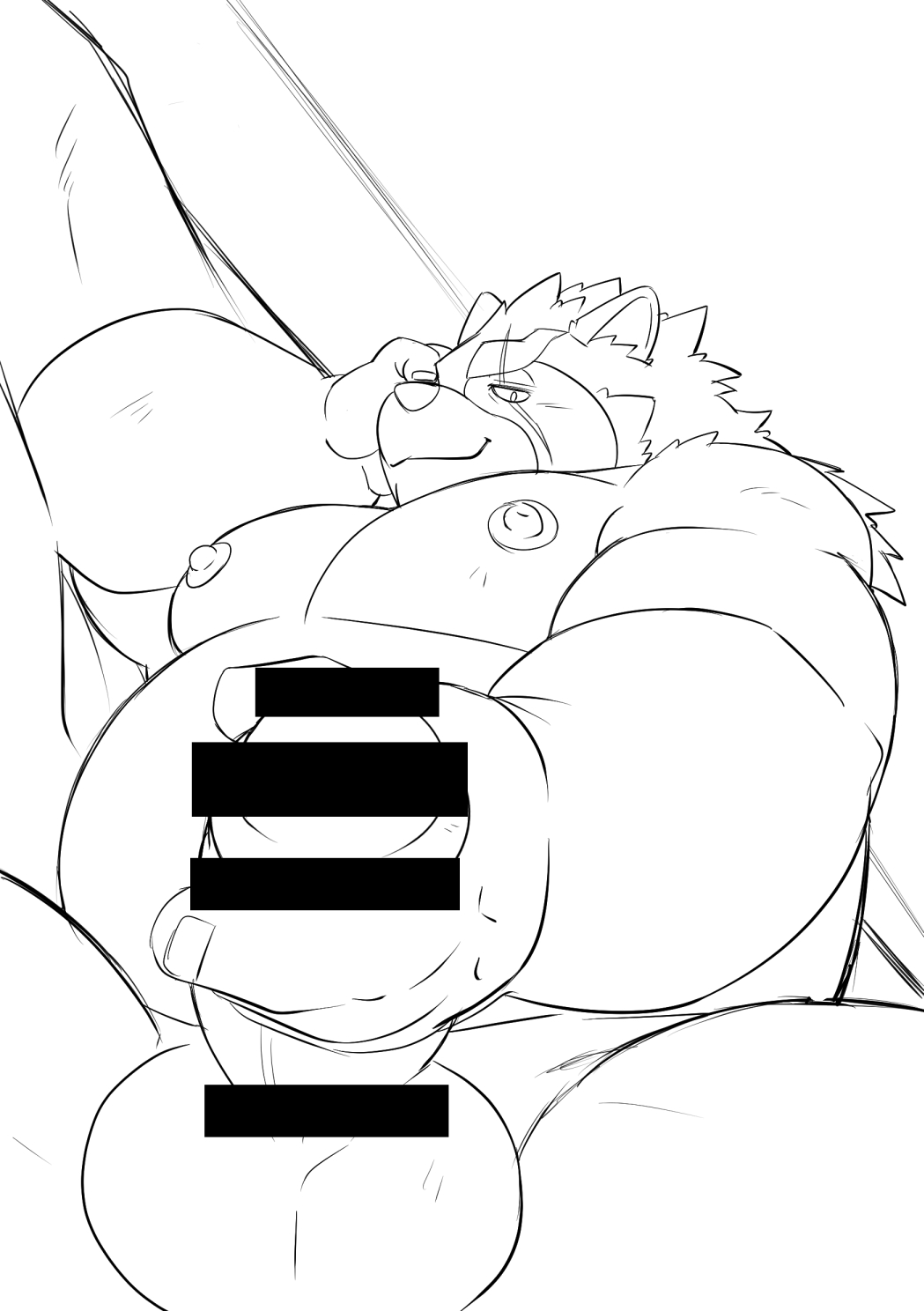 2023 amekomi_lover anthro balls belly big_belly canid canine censored erection genitals gyobu hi_res humanoid_hands kemono lifewonders male mammal moobs nipples overweight overweight_male penis raccoon_dog scar solo tanuki tokyo_afterschool_summoners