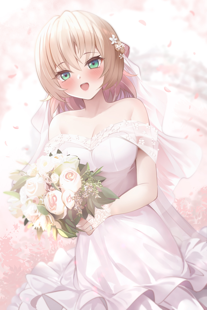 1girl 5pb. blonde_hair blush bouquet breasts bridal_gauntlets cleavage dress flower green_eyes holding holding_bouquet kagamigawa_noelle long_hair memories_off memories_off_innocent_fille mujinbensin open_mouth rose smile solo teeth upper_teeth_only wedding_dress white_dress white_flower white_rose