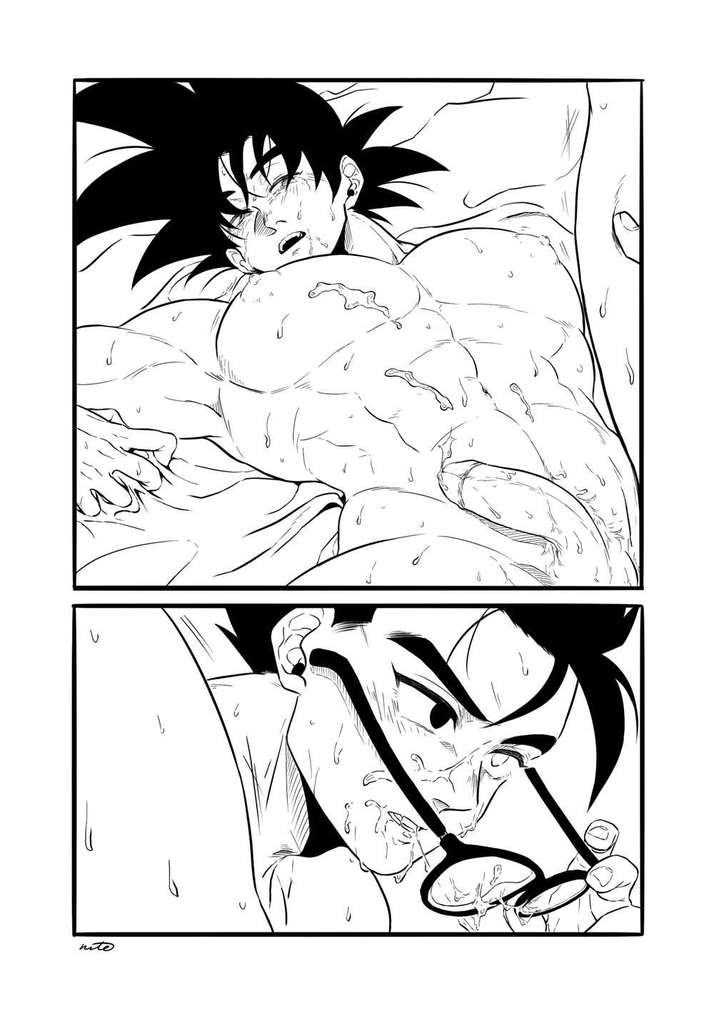 2boys abs anal bara blush completely_nude cum cum_on_boy dragon_ball dragon_ball_super erection facial father_and_son glasses greyscale highres holding holding_another's_leg holding_eyewear incest large_pectorals leg_up lying male_focus monochrome multiple_boys muscular muscular_male navel nipples nude on_back open_mouth pectorals penis scharlachrotn sex short_hair son_gohan son_goku spiked_hair yaoi