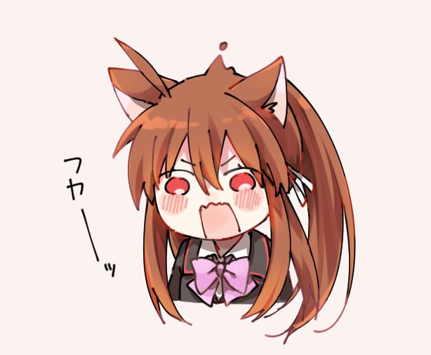 1girl ahoge angry animal_ears black_jacket blush bow brown_hair cat_ears chibi commentary hair_ribbon hiss jacket little_busters! long_hair looking_at_viewer natsume_rin open_mouth pink_bow ponytail red_eyes ribbon sidelocks simple_background solo sound_effects symbol-only_commentary translated upper_body v-shaped_eyebrows very_long_hair wavy_mouth white_background white_ribbon yutori_z71