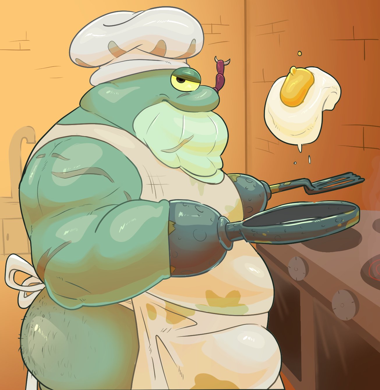 2023 amphibia_(series) amphibian anthro apron belly big_belly bulge butt chef_hat clothing cooking disney frog green_body hat haxsmack headgear headwear hi_res kitchen male overweight overweight_male scar solo stumpy_stumpson