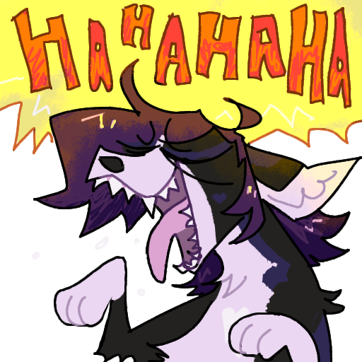 alpha_channel ambiguous_gender anthro black_body black_fur canid canine fur guncht hair headshot_portrait icon laugh mammal portrait purple_hair simple_background solo text transparent_background