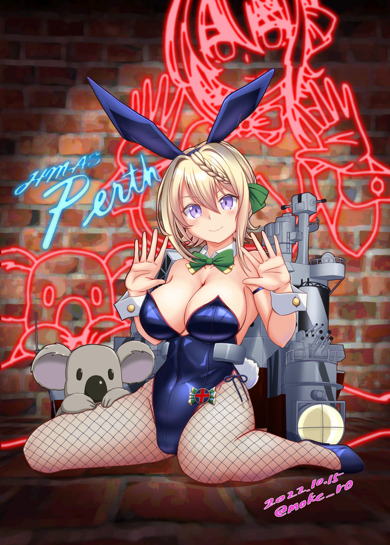 1girl alternate_costume badge blonde_hair blue_leotard bow bowtie braid braided_bangs braided_bun breasts brick_wall cleavage commentary_request dated fishnet_pantyhose fishnets green_bow green_bowtie hair_bun kantai_collection koala large_breasts leotard long_hair machinery moke_ro pantyhose perth_(kancolle) purple_eyes searchlight side-tie_leotard sitting solo strapless strapless_leotard twitter_username wariza waving