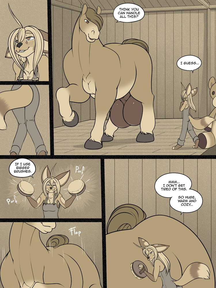 3:4 anthro anthro_on_feral balls bestiality big_balls biped canid canine clothed clothing comic countershade_torso countershading duo english_text equid equine female fennec feral fox freckles_(artist) genitals hair hooves horse huge_balls interspecies male male/female mammal quadruped size_difference speech_bubble tail text