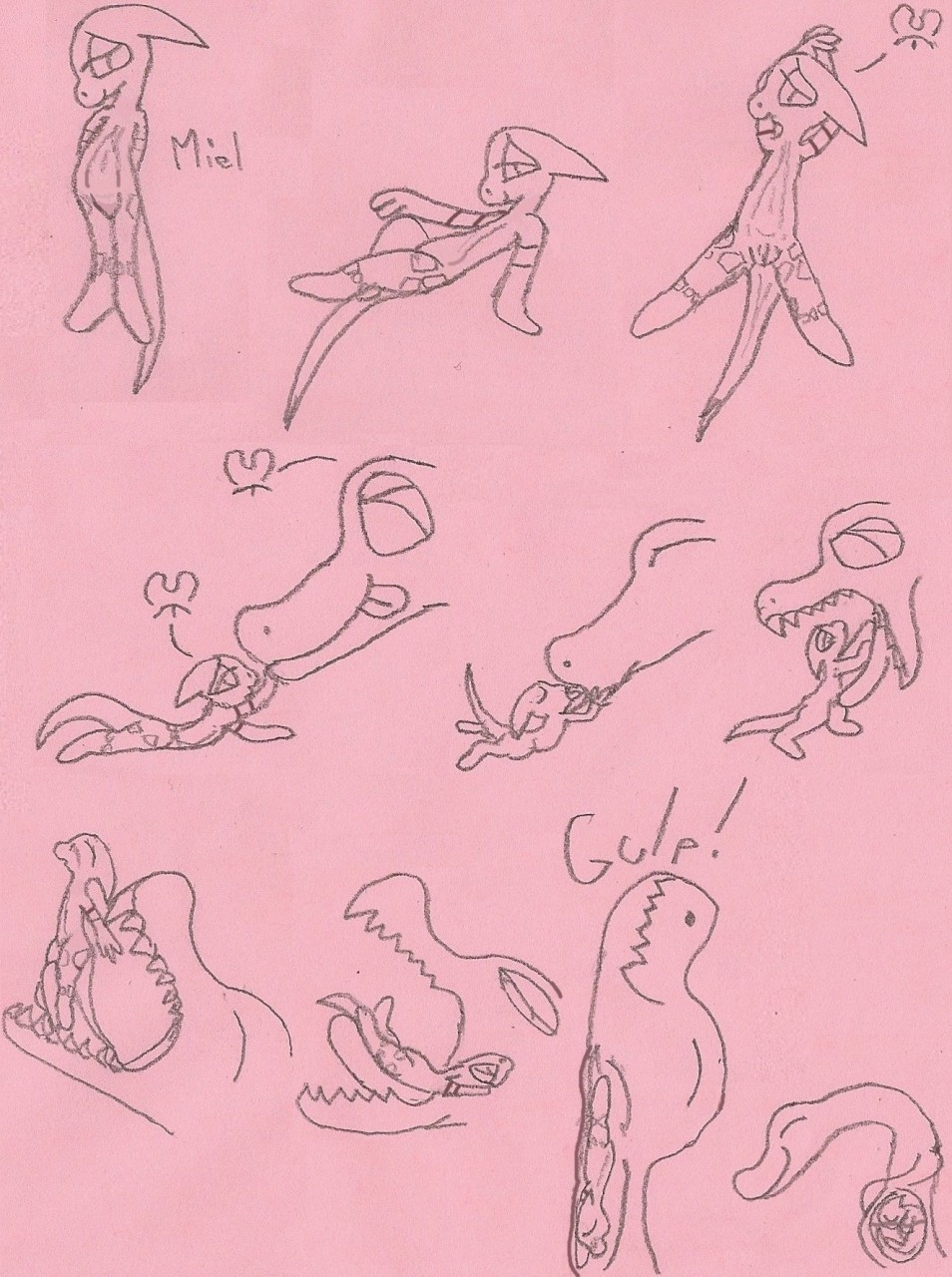 2014 anonymous_character anthro duo english_text female food food_creature fruit_dragon happy hi_res imminent_digestion internal kissing male male/female miel_(mielsucre) mielsucre mouth_play nude oral_vore organs pink_background presenting scalie simple_background size_difference sketch smile sound_effects stomach swallowing tail teeth text tongue traditional_media_(artwork) vore willing_pred willing_prey