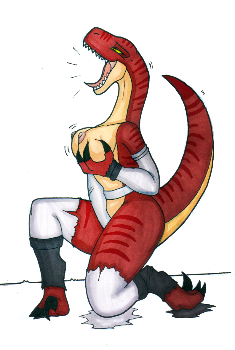 3_fingers 3_toes alternate_species anthro armwear aroused aroused_face aroused_smile bald bare_shoulders barefoot belly_scales belt big_breasts black_claws breast_grab breasts capcom claws clothed clothing corruption digitigrade dino_crisis dinosaur dromaeosaurid earhole enjoying erect_nipples fangs feet female fingers gloves green_sclera hand_on_breast handwear huge_breasts ivanks kneeling long_neck long_tail long_tongue lust_transformation markings masturbation mental_transformation mid_transformation moan mostly_nude nipples non-mammal_breasts nude open_mouth pupils raised_tail raptor_claws red_body red_scales regina_(dino_crisis) reptile roaring scales scalie side_view simple_background slit_pupils snout solo species_transformation striped_markings striped_tail stripes tail tail_markings tan_body tan_scales teeth theropod thick_thighs toe_claws toes tongue tongue_out torn_clothing transformation transformation_through_technology white_background yellow_eyes