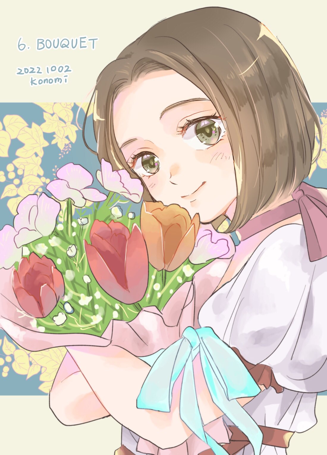 1girl annallee_(suikoden) bouquet brown_eyes brown_hair choker closed_mouth dated dress flower gensou_suikoden gensou_suikoden_ii highres holding holding_bouquet konomi_(leaf_sugar) leaf looking_at_viewer short_hair smile solo