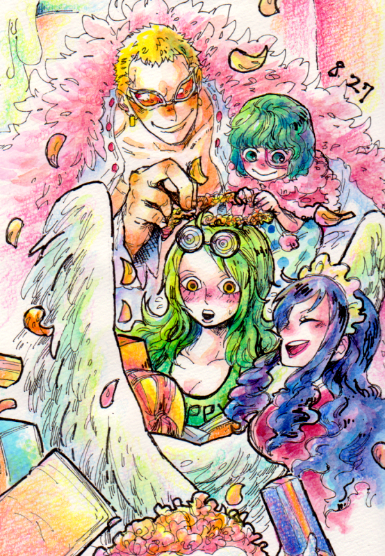 1boy 3girls :o baby_5 black_hair blonde_hair blush bouquet box closed_eyes coat donquixote_doflamingo eyewear_on_head falling_petals feather_coat flower gift gift_box green_eyes green_hair hand_wings head_wreath long_hair mawari28 monet_(one_piece) monocle multiple_girls one_piece open_mouth orange-tinted_eyewear petals pink_coat short_hair siblings sisters smile sugar_(one_piece) sunglasses tinted_eyewear traditional_media white-framed_eyewear wings yellow_eyes