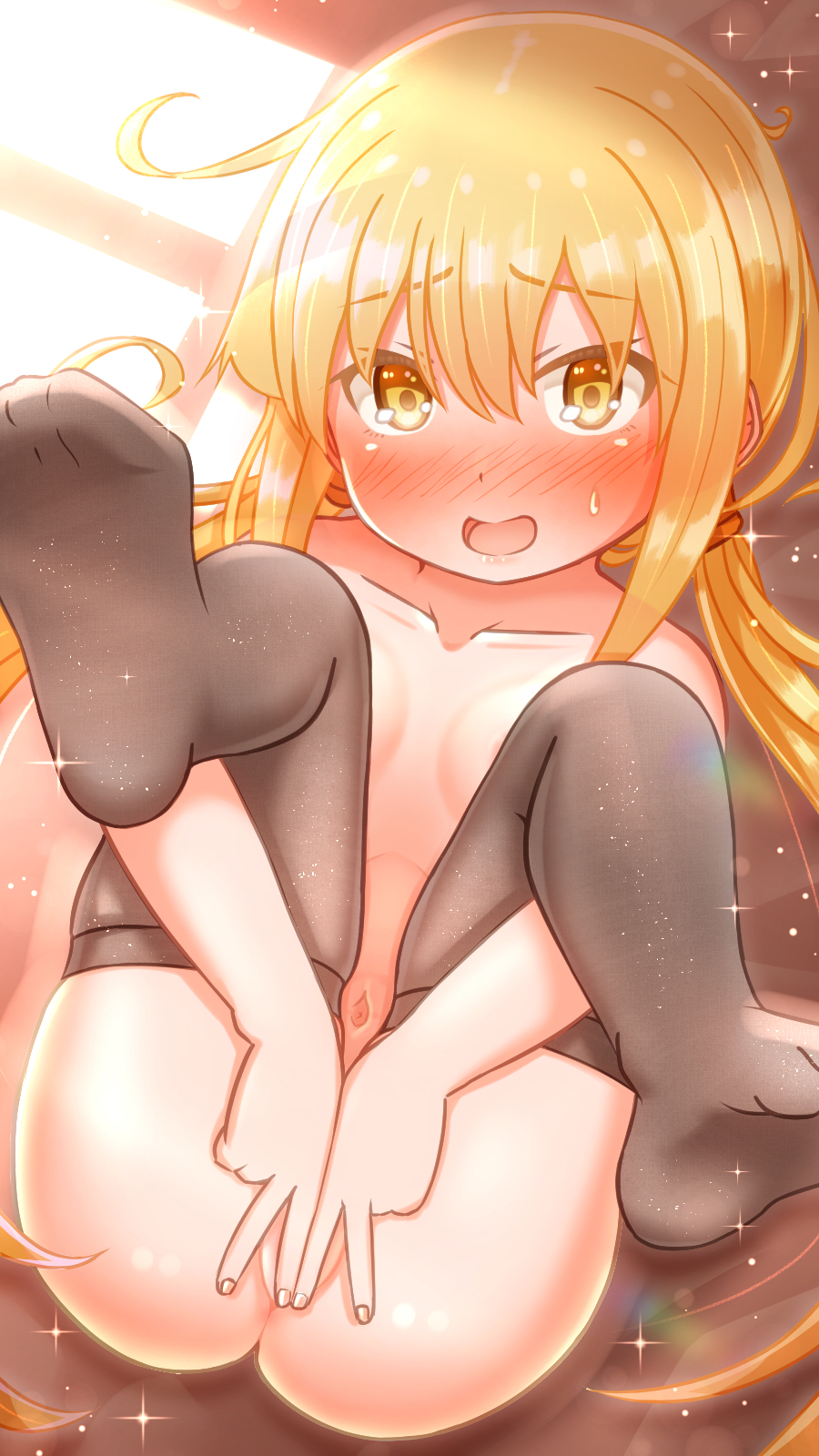 ahoge ass black_thighhighs blonde_hair breasts covering covering_crotch highres indoors kantai_collection long_hair looking_at_viewer lying navel nude on_back satsuki_(kancolle) small_breasts suzushiro_(gripen39) thighhighs twintails