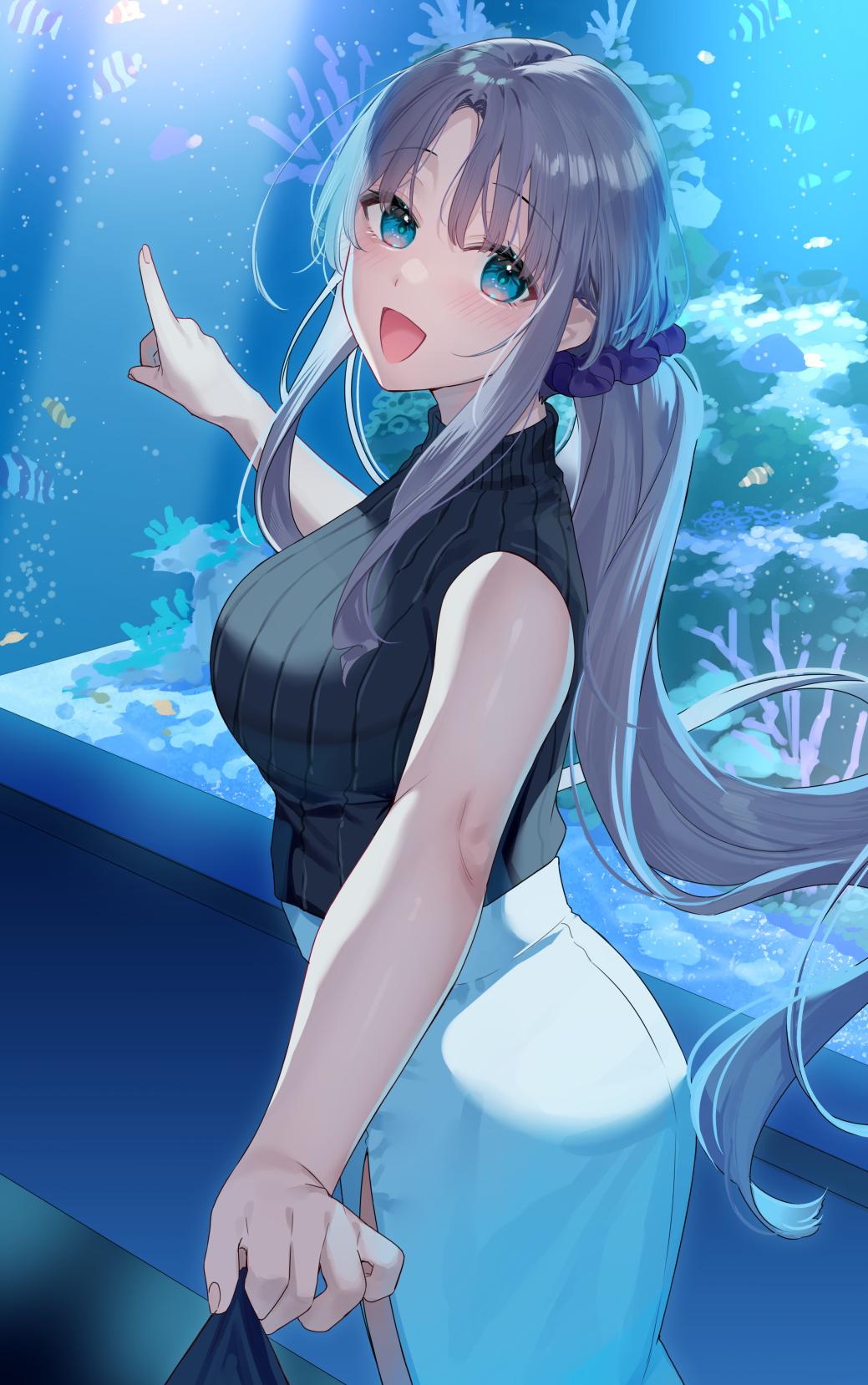 1girl :d aqua_eyes aquarium bare_shoulders bekotarou black_sweater blush breasts clothes_tug hair_ornament hair_scrunchie highres indoors large_breasts light_purple_hair long_hair looking_at_viewer low_ponytail open_mouth original pointing purple_scrunchie ribbed_sweater scrunchie sidelocks skirt sleeveless sleeveless_sweater smile solo_focus sweater very_long_hair white_skirt