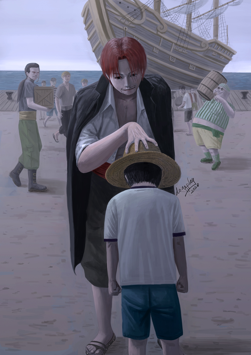 2020 back bandana barrel benn_beckman black_cape black_hair box cape doneplay facial_hair full_body goggles hand_on_headwear hat highres holding_barrel long_hair looking_down low_ponytail lucky_roux monkey_d._luffy multiple_boys ocean one_piece outdoors ponytail realistic red_hair sandals scar scar_across_eye shanks_(one_piece) ship shirt short_hair sky smile straw_hat striped striped_shirt two-tone_shirt water watercraft