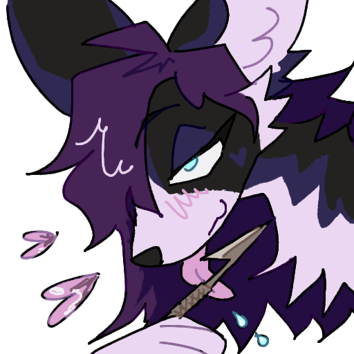 alpha_channel ambiguous_gender anthro black_body black_fur canid canine fur guncht hair headshot_portrait icon mammal portrait purple_hair simple_background solo text transparent_background