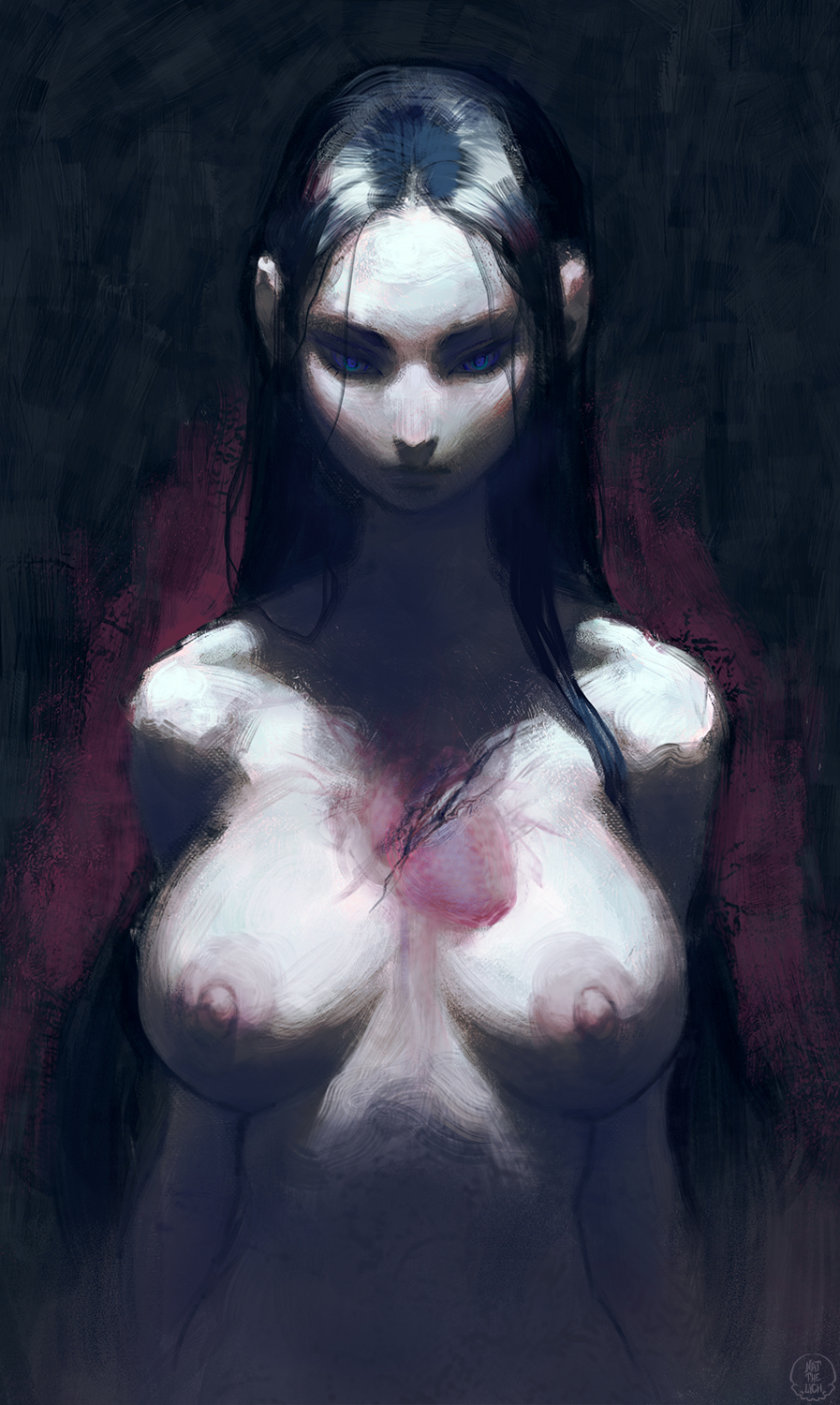 1girl black_hair blue_eyes breasts dark deep_wound heart_(organ) highres injury large_breasts long_hair nat_the_lich nipples original pandora_(nat_the_lich) solo upper_body