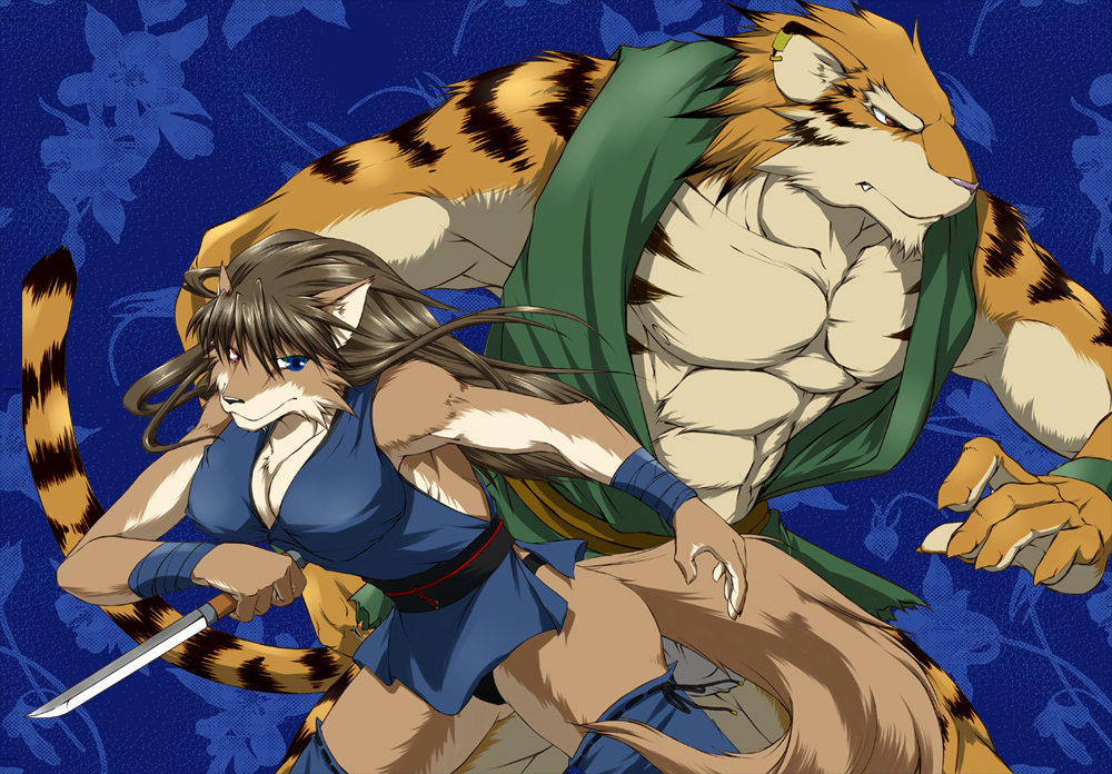 action_pose anthro bare_chest bare_shoulders big_breasts breasts canid canine clothed clothing dagger duo felid female floral_background flower fox heterochromia legwear male mammal melee_weapon muscular muscular_anthro muscular_male ninja_costume ninja_outfit ninja_suit pantherine panties panty_shot plant pose stockings suruga tiger underwear weapon wristwear