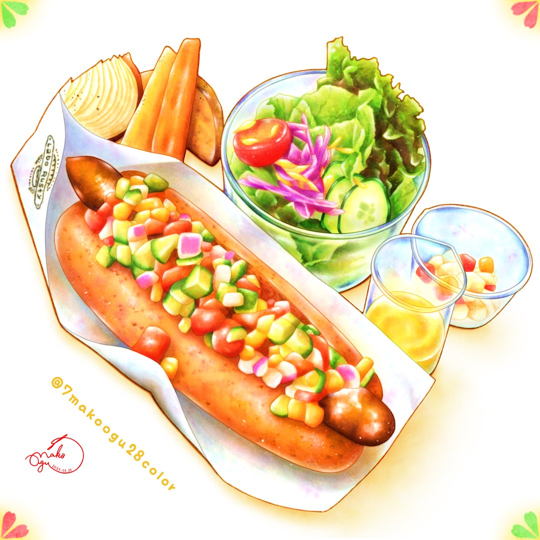 7makoogu28color bowl bread carrot color_ink_(medium) cucumber food food_focus glass hot_dog lettuce no_humans onion original painting_(medium) potato salsa simple_background tomato traditional_media twitter_username vegetable watercolor_(medium)