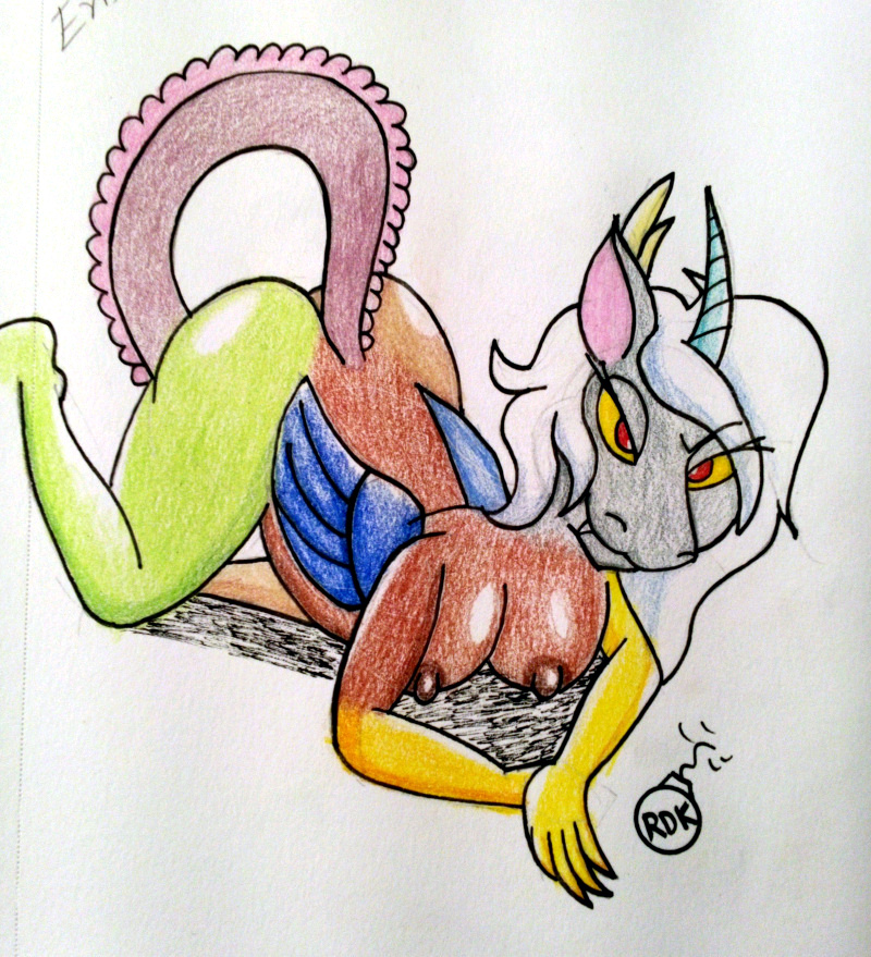 all_fours anthro bedroom_eyes breasts butt chimera crossgender discord_(mlp) draconequus fangs female friendship_is_magic hair hasbro hybrid my_little_pony narrowed_eyes nipples nude red_eyes reddragonkan seductive solo teeth traditional_media_(artwork) white_hair