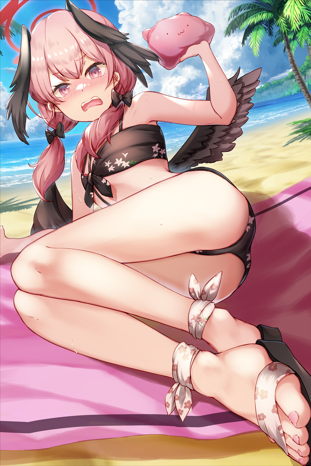 1girl beach bikini black_bikini black_bow black_wings blue_archive blush bow commentary day double-parted_bangs feathered_wings floral_print front-tie_bikini_top front-tie_top halo head_wings highres koharu_(blue_archive) koharu_(swimsuit)_(blue_archive) long_hair looking_at_viewer low_twintails low_wings official_alternate_costume open_mouth outdoors pink_eyes pink_hair pink_halo print_bikini solo swimsuit twintails wings yu_ni_t