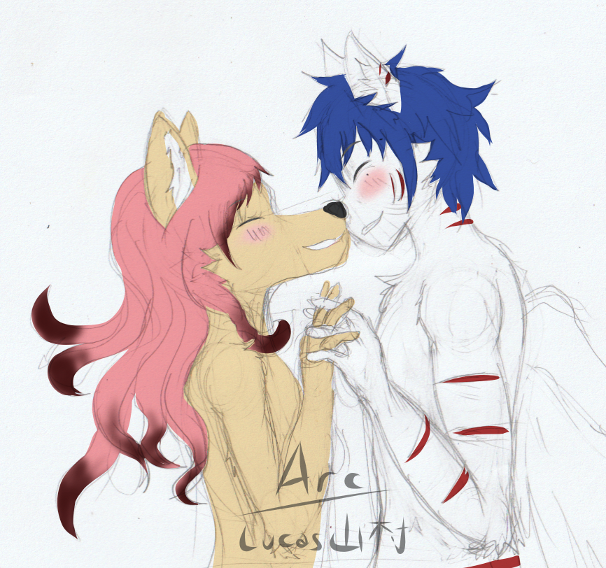 anthro arc_rose blush canid canine domestic_cat eyes_closed felid feline felis female hand_holding happy male mammal natascha_(arcrose) romantic romantic_couple sketch smile zephyr_(arcrose)