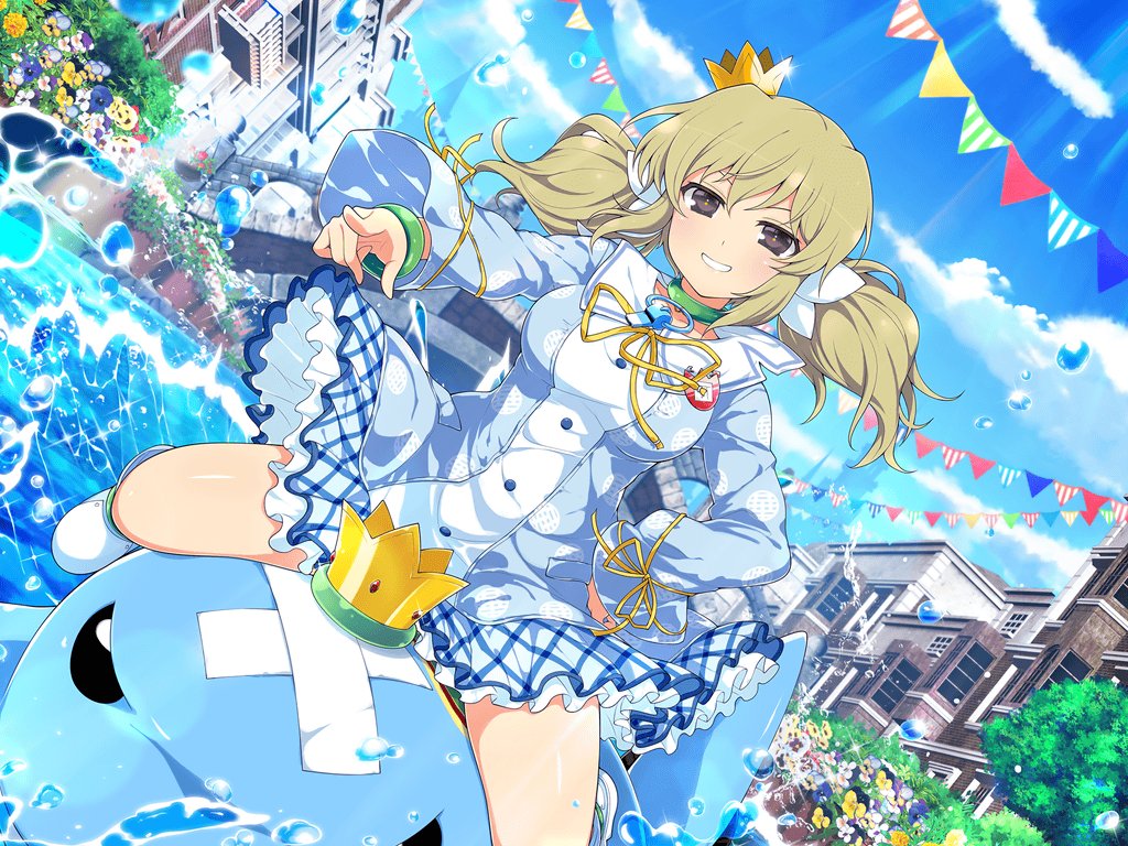 1girl animal architecture balcony bandaged_head bandages blonde_hair blue_dress blue_flower blue_sky blush breasts bridge building bush canal choker city cityscape cloud collarbone crown day dolphin dress flag flower frilled_dress frills garden green_bracelet green_choker hair_between_eyes hair_ornament hand_on_own_hip kafuru_(senran_kagura) leaf long_sleeves looking_at_viewer low_twintails medium_breasts mini_crown official_art orange_flower outdoors pennant pink_flower plant pointing pointing_at_viewer purple_eyes purple_flower red_flower ribbon riding riding_animal river senran_kagura senran_kagura_estival_versus senran_kagura_new_link shiny_skin short_hair sky smile smirk smug solo splashing string_of_flags sunflower swimming tree twintails v-shaped_eyebrows water water_drop wet whistle whistle_around_neck white_flower white_footwear yaegashi_nan yellow_flower yellow_ribbon