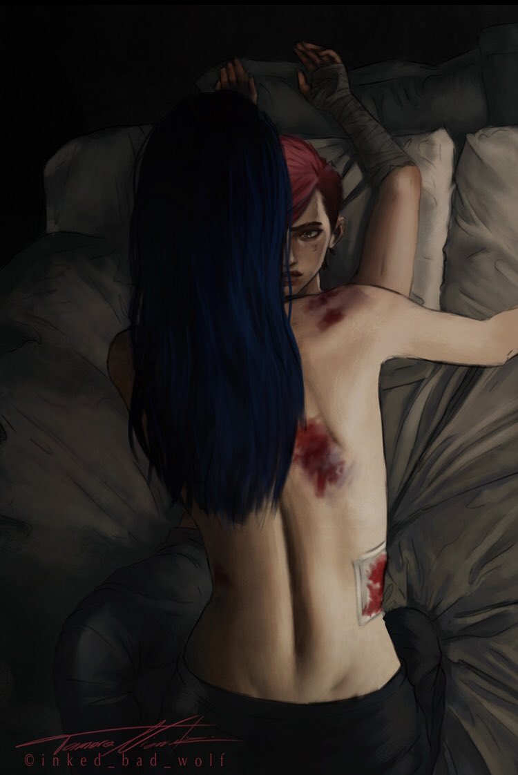 2girls arcane:_league_of_legends arcane_vi asymmetrical_hair bandaged_arm bandages bed_sheet black_pants blood blue_hair caitlyn_(league_of_legends) closed_mouth injury inked_bad_wolf league_of_legends long_hair looking_at_another lying multiple_girls on_back pants pillow red_hair sidecut topless undercut vi_(league_of_legends) yuri
