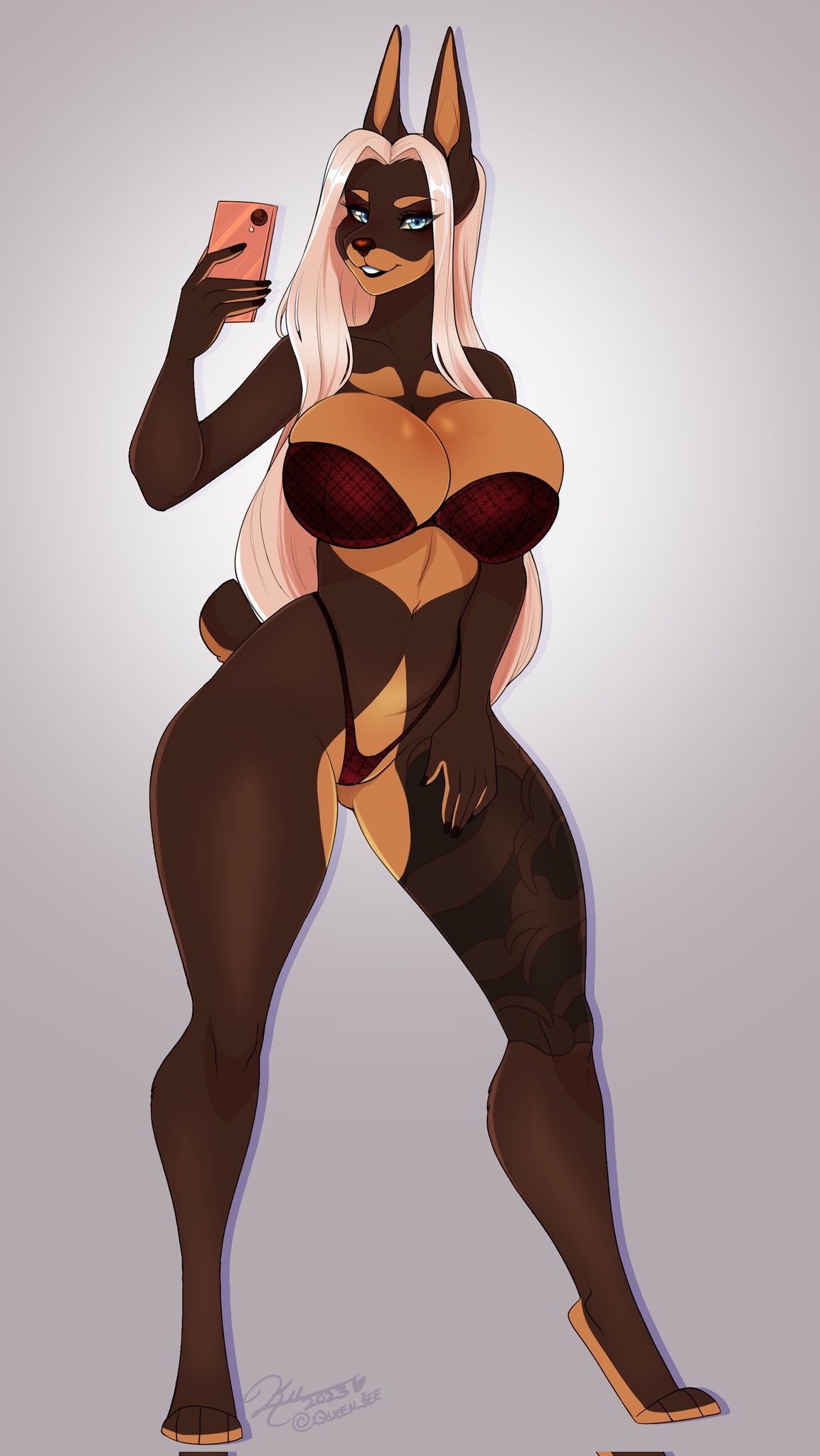 anthro bra canid canine canis clothing domestic_dog ears_up female hi_res looking_at_viewer mammal panties phone pose scarlet_rose smile smiling_at_viewer solo underwear unknown_artist