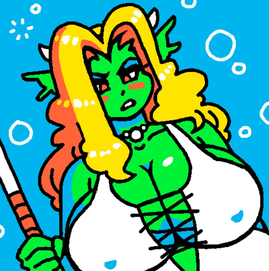 2023 2_horns 5_fingers big_breasts blonde_hair blue_background blue_eyeshadow blush breasts bubble bust_portrait cleavage clothed clothing collarbone digital_drawing_(artwork) digital_media_(artwork) dress european_mythology eyeshadow female fin fingers gem gorgon greek_mythology green_body green_skin hair head_fin holding_object horn humanoid jewelry looking_at_viewer makeup mythology necklace nipple_outline not_furry oekaki orange_blush orange_eyes pearl_(gem) pearl_necklace portrait simple_background solo underwater water white_clothing white_dress white_horn woot