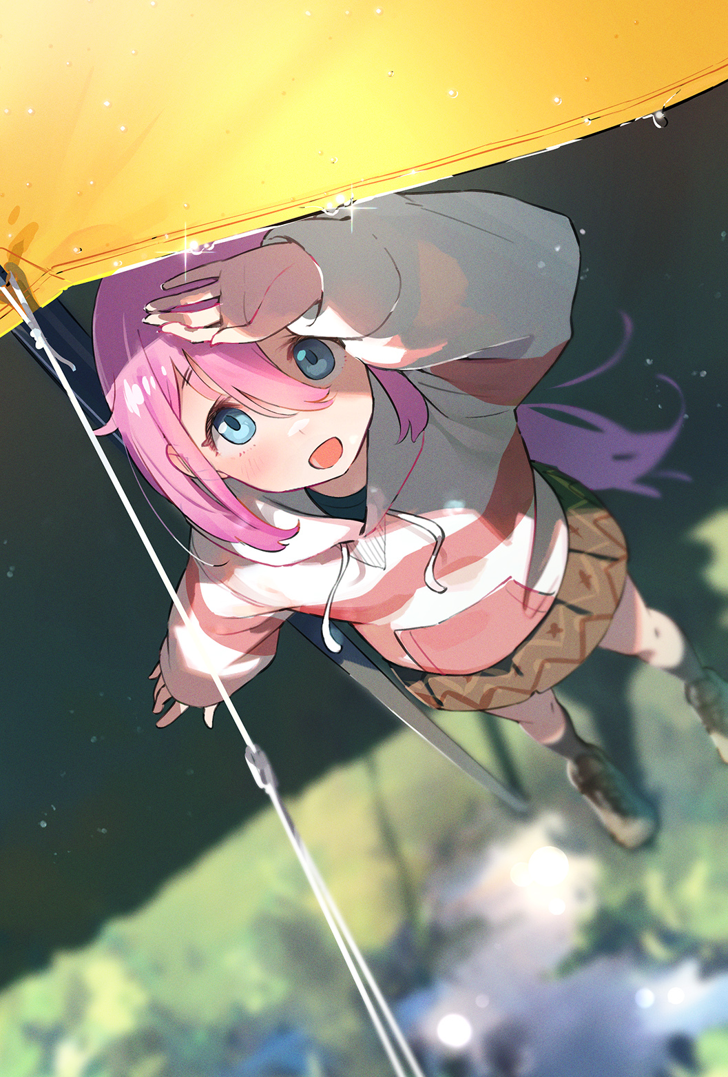 1girl blue_eyes blue_shirt brown_skirt hand_on_own_face highres hood hoodie kagamihara_nadeshiko long_sleeves looking_up minawa open_mouth pink_hair pink_hoodie revision shirt skirt solo two-tone_hoodie white_hoodie yurucamp