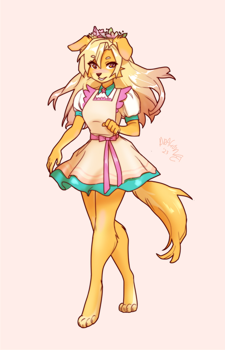 4_toes anthro blonde_hair blush canid canine canis clothing domestic_dog dragonfu dress feet female floppy_ears gradient_hair hair hana_(hikarukurisu) hi_res long_hair looking_at_viewer mammal paws pink_hair solo standing tail toes