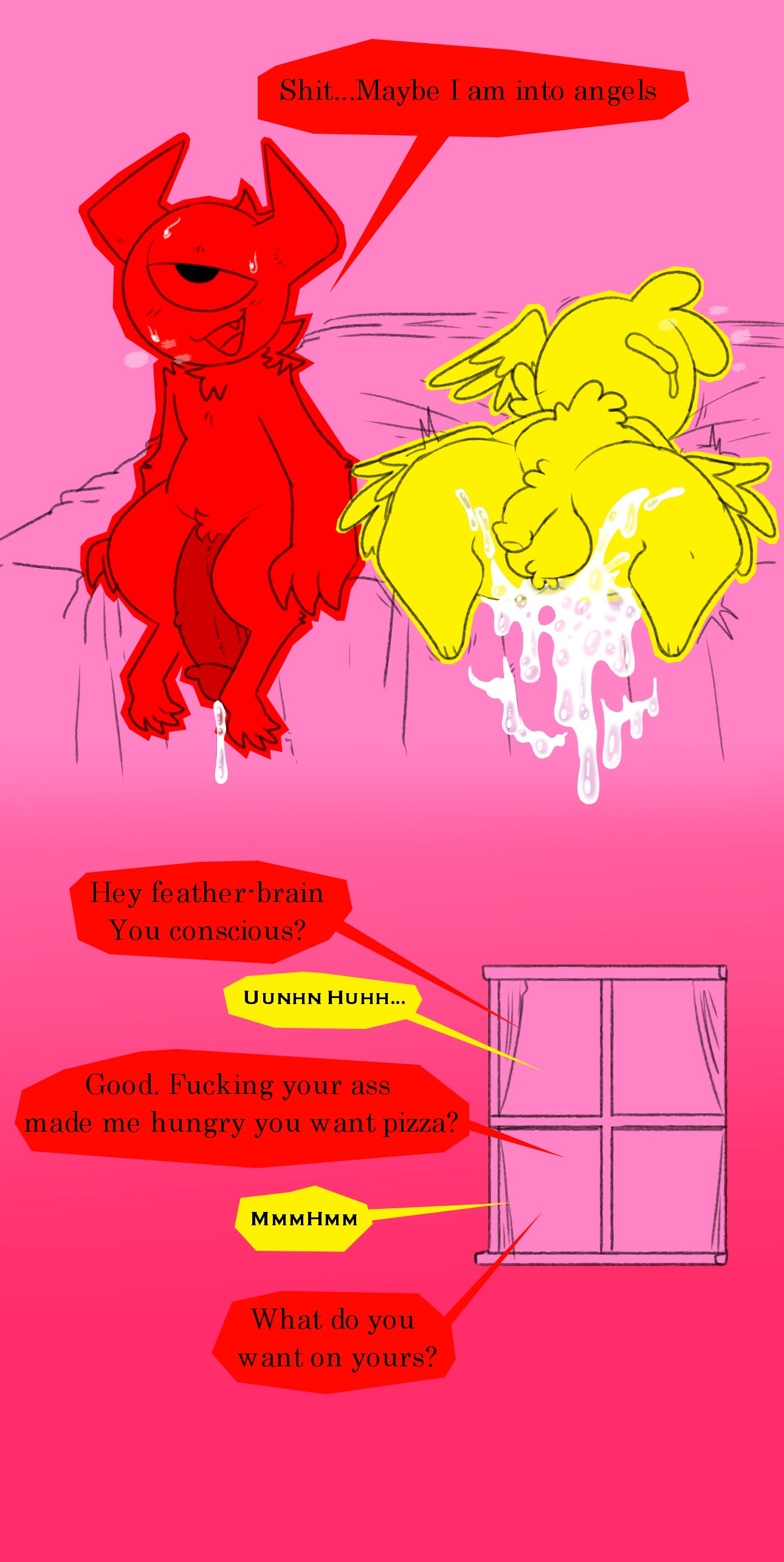 1_eye 2023 absurd_res after_sex angel aubrey_(nylonheretic) balls bed bedding big_butt big_penis bodily_fluids breath_cloud butt cherub chest_tuft claws cum digital_media_(artwork) duo english_text feathered_wings feathers furniture genital_fluids genitals head_tuft hi_res horn huge_butt huge_penis humanoid hyper hyper_butt hyper_genitalia hyper_hips hyper_penis imp krylon_(nylonheretic) leaking_cum male male/male not_furry nude nylonheretic penis profanity simple_background sweat teapot_(body_type) text tuft window winged_arms wings wings_on_head
