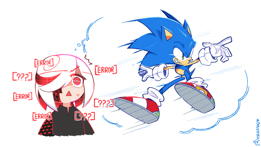 1boy 1girl ? ?? animal_ears animal_nose commentary english_commentary english_text full_body furry furry_male gloves green_eyes grin hair_over_one_eye imagining k0smic_aries motion_lines open_mouth red_eyes red_footwear sage_(sonic) shoes short_hair simple_background sliding smile sonic_(series) sonic_frontiers sonic_the_hedgehog tail thought_bubble white_background white_gloves white_hair