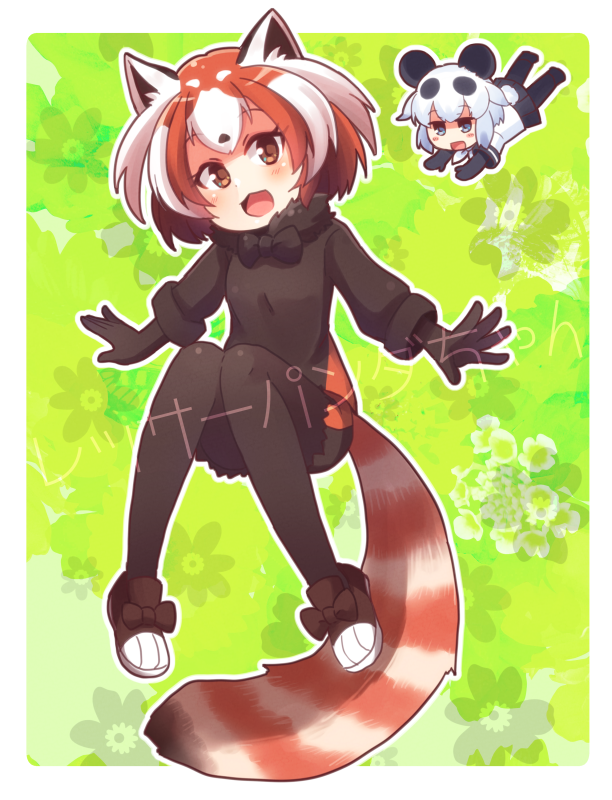 2girls :3 :d animal_ears black_gloves blush bow bowtie breasts brown_eyes chibi ege_s_ki floating full_body fur_collar giant_panda_(kemono_friends) gloves kemono_friends lesser_panda_(kemono_friends) looking_at_viewer multicolored_hair multiple_girls open_mouth orange_hair red_panda_tail shoes small_breasts smile two-tone_hair white_hair