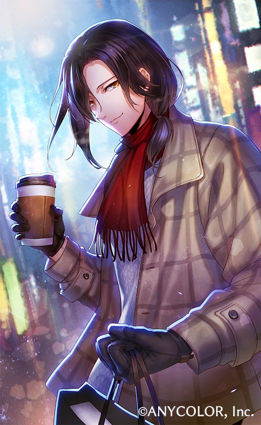 1boy bag black_gloves black_hair blurry blurry_background brown_jacket building closed_mouth copyright cup disposable_cup fringe_trim gloves hair_over_shoulder holding holding_bag holding_cup hotaruika_niji jacket lens_flare long_sleeves looking_at_viewer low_ponytail male_focus medium_hair nijisanji official_art open_clothes open_jacket outdoors parted_bangs plaid plaid_jacket red_scarf scarf shellin_burgundy shopping_bag smile solo sweater upper_body virtual_youtuber white_sweater yellow_eyes
