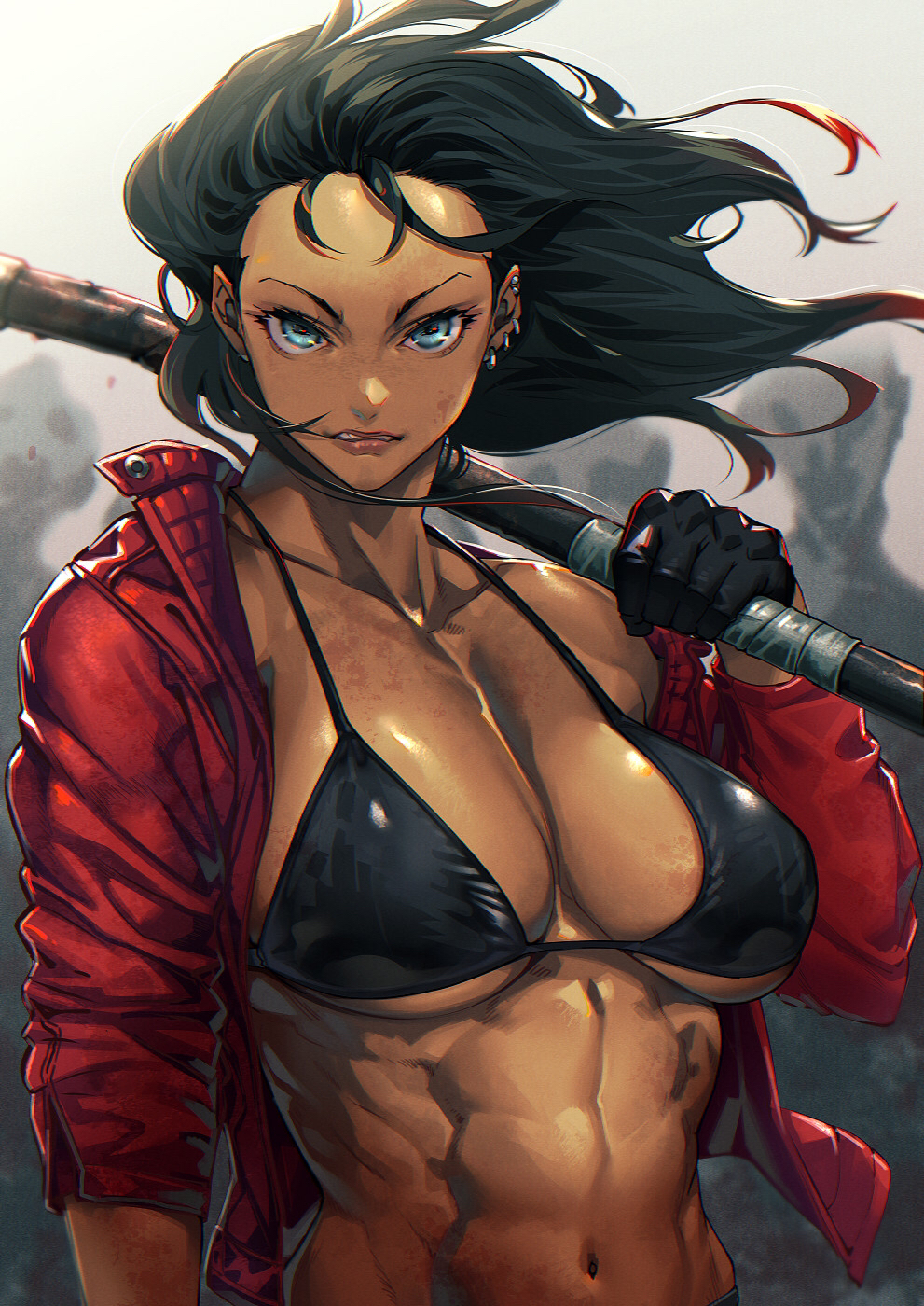 1girl bikini black_bikini black_gloves black_hair breasts commentary_request dark-skinned_female dark_skin ear_piercing earrings gloves highres holding holding_weapon jacket jewelry looking_at_viewer medium_hair mikel_(4hands) multiple_earrings muscular muscular_female navel open_clothes open_jacket original piercing swimsuit tan upper_body weapon wind zombie