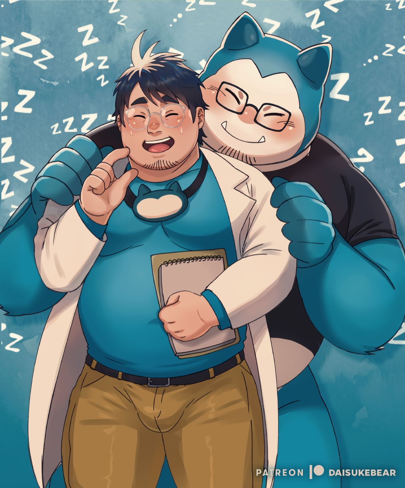 2boys alternate_facial_hair bara behind_another belly bespectacled blush cheek_poking clothed_pokemon daisukebear fat fat_man feet_out_of_frame finger_to_cheek furry furry_male furry_with_non-furry glasses goatee_stubble hands_on_another's_shoulders highres interspecies lab_coat large_pectorals male_focus mature_male merchandise midriff_peek multiple_boys muscular muscular_male neroli_(pokemon) nervous_sweating nipples paid_reward_available pectorals plump pokemon pokemon_(game) pokemon_sleep poking round_eyewear shirt short_hair sideburns sleep_mask snorlax standing sweat t-shirt thick_eyebrows tusks yaoi