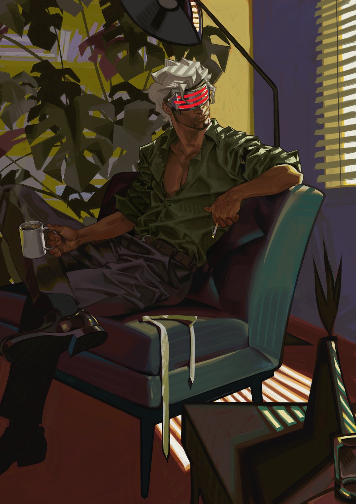 1boy ace_attorney black_footwear black_pants black_socks blinds cigarette cup day facial_hair goatee godot_(ace_attorney) green_shirt highres holding holding_cigarette holding_cup indoors male_focus mask mr_kasuy mug necktie necktie_removed pants pectorals plant potted_plant shadow shirt sideburns sitting smoking socks stubble table undone_necktie white_hair window