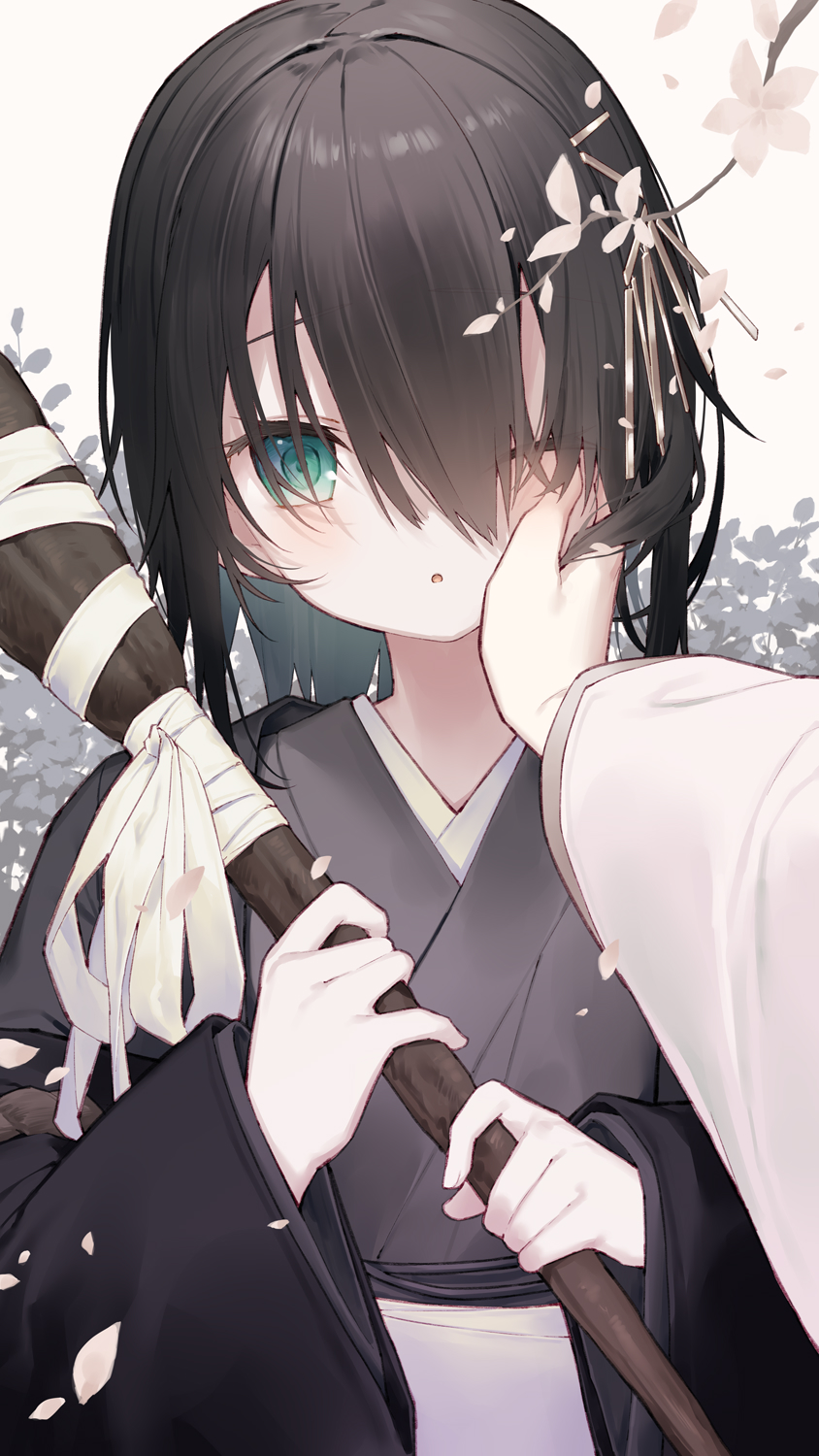 1girl 1other ;o black_hair branch commentary_request green_eyes grey_kimono hair_between_eyes hair_ornament hairclip hand_on_another's_face highres holding japanese_clothes kimono long_sleeves looking_at_viewer one_eye_closed original out_of_frame parted_lips petals solo_focus tokuno_yuika wide_sleeves