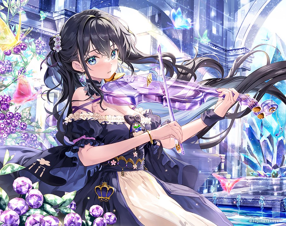 1girl black_hair blue_eyes blush breasts bug butterfly choker cleavage collarbone commentary_request crystal dress earrings flower frilled_dress frills fujima_takuya gem glass hair_flower hair_ornament holding_bow_(music) jewelry lace_trim light_particles looking_at_viewer medium_breasts off-shoulder_dress off_shoulder original ponytail see-through solo