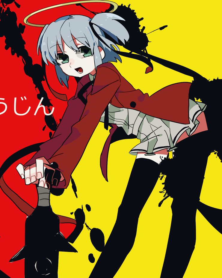 1girl black_ribbon black_thighhighs bokusatsu_tenshi_dokuro-chan club_(weapon) excalibolg green_eyes grey_hair grey_skirt hair_ribbon halo holding holding_weapon jacket leaning_forward long_sleeves mitsukai_dokuro neck_ribbon open_mouth red_jacket ribbon short_hair simple_background skirt solo spiked_club thighhighs two_side_up uotsu_(sabakou) weapon