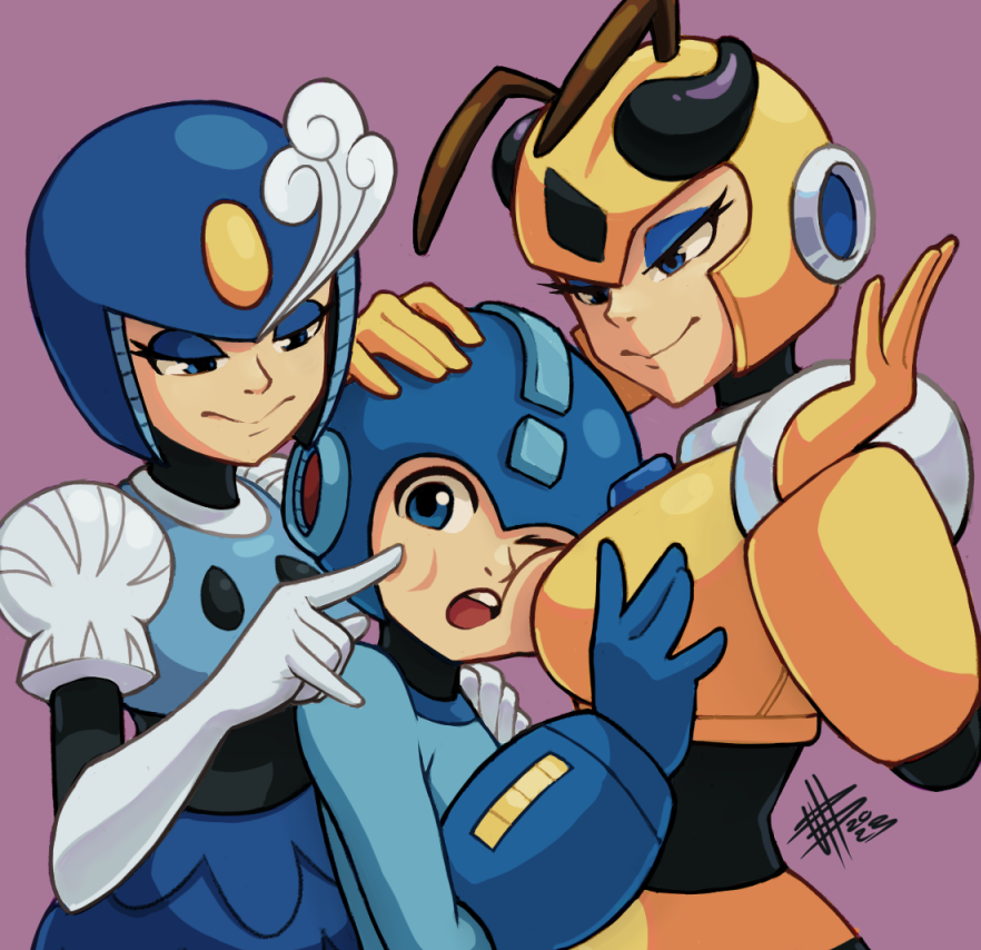 2girls armor blue_eyes breasts cheek_poking height_difference honey_woman hug mateus_upd mega_man_(character) multiple_girls naughty_face open_mouth original poking robot splash_woman