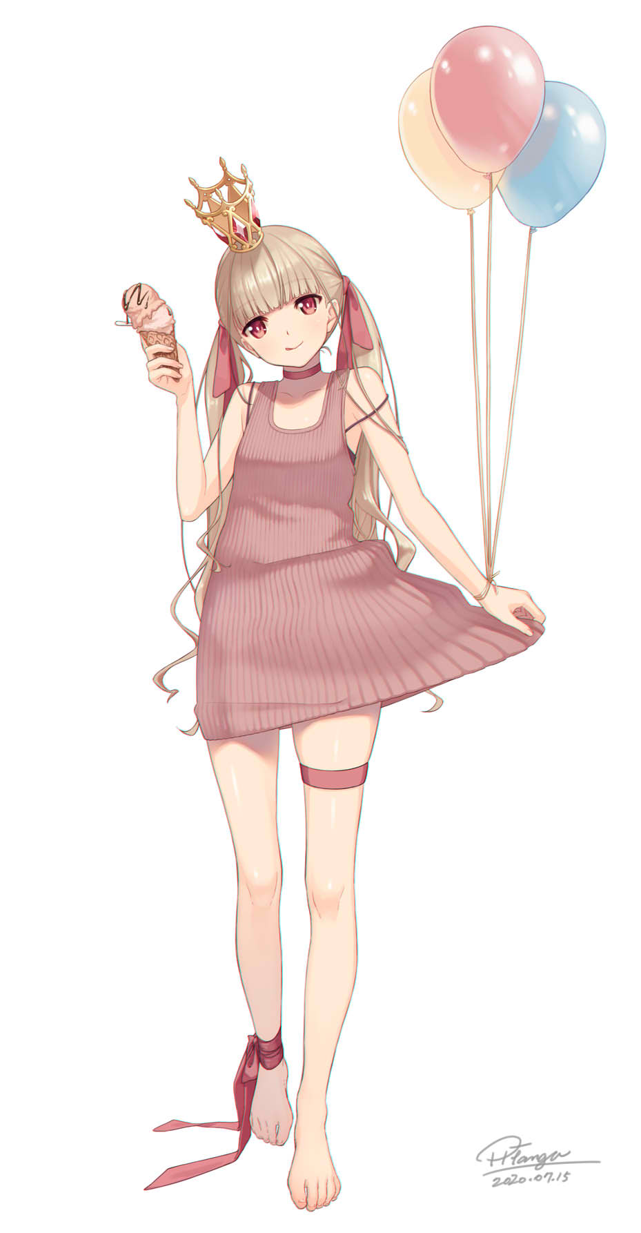 1girl ankle_ribbon balloon barefoot blonde_hair blunt_bangs clothes_lift crown food full_body hair_ribbon highres holding holding_food holding_ice_cream ice_cream ice_cream_cone leg_ribbon long_hair mini_crown nana_mikoto original red_eyes ribbon sleeveless sleeveless_sweater smile solo strap_slip sweater thigh_strap tongue tongue_out twintails very_long_hair white_hair