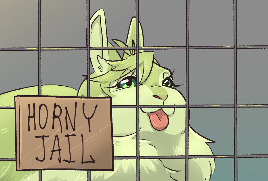 alternate_species ambiguous_gender cage caged countershade_face countershade_fur countershading eyelashes feral feralized fluffy fur furrification go_to_horny_jail gone_birdy green_body green_eyes green_fur lagomorph leporid lidded_eyes mammal meme nu:_carnival olivine_(nu:_carnival) rabbit smile solo tongue tongue_out