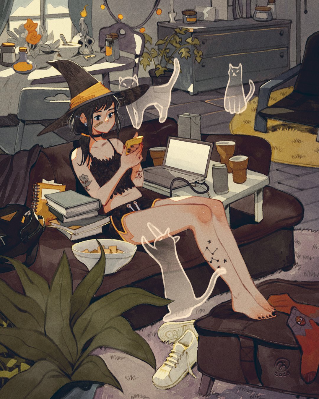 1girl black_hair book candle ghost hat highres loaded_interior multiple_cats original pet simz tattoo witch witch_hat