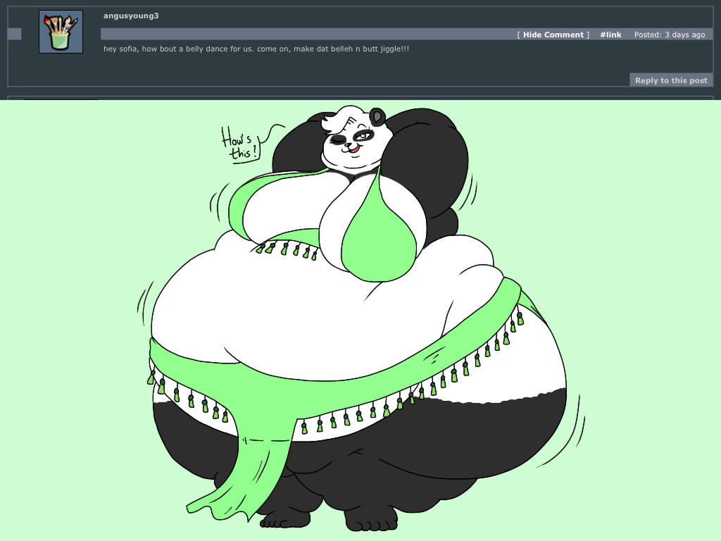 2018 4:3 5_toes anthro arm_markings ask_blog barefoot batspid2 bear bedlah belly belly_dancer belly_dancer_outfit big_belly big_breasts biped black_body black_eyebrows black_eyelashes black_fur black_markings black_nose bottomwear breasts clothing dialogue digital_drawing_(artwork) digital_media_(artwork) double_chin ear_markings english_text eyebrows facial_markings feet female flabby_arms flat_colors front_view fur giant_panda glistening glistening_eyes glistening_nose green_background green_bottomwear green_clothing green_eyes green_topwear hair hands_behind_head head_markings huge_breasts huge_thighs hyper hyper_belly hyper_hips hyper_thighs leg_markings looking_at_viewer love_handles mammal markings mask_(marking) midriff morbidly_obese morbidly_obese_anthro morbidly_obese_female motion_lines multicolored_body multicolored_fur obese obese_anthro obese_female one_eye_closed open_mouth overweight overweight_anthro overweight_female question side_boob simple_background socks_(marking) sofia_(batspid2) solo standing text thick_thighs three-quarter_view toes topwear two_tone_body two_tone_fur white_body white_fur white_hair wink