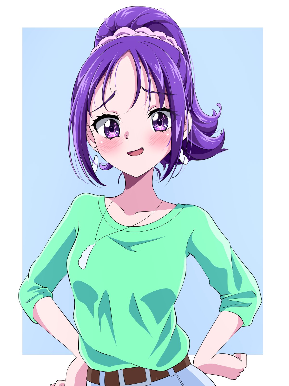 1girl blush commentary_request earrings eyelashes futari_wa_precure_splash_star green_shirt hair_ornament hands_on_own_hips highres jewelry kibou_no_chikara_~otona_precure_'23~ long_hair looking_at_viewer mishou_mai ponytail precure purple_eyes purple_hair s-operator shirt solo standing