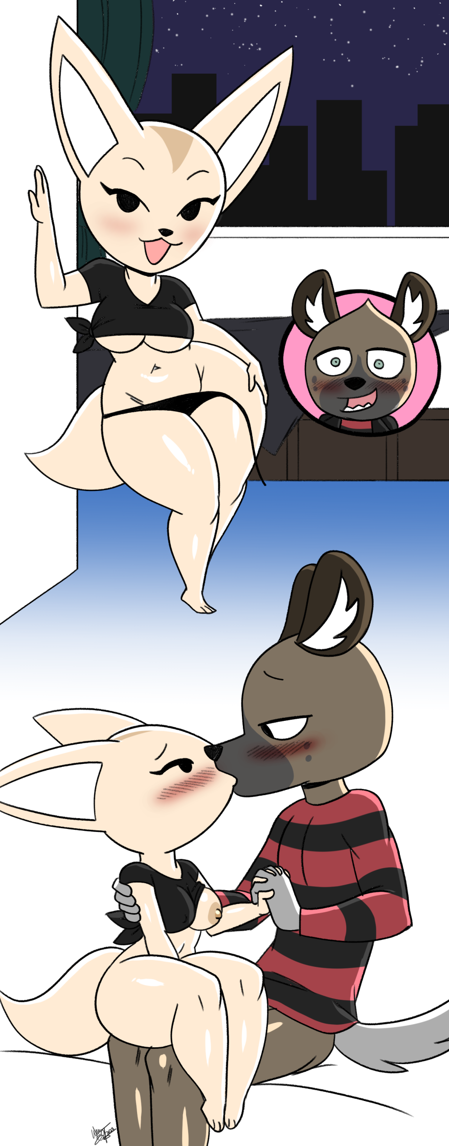 2023 aeolus06 aggretsuko anthro anthro_on_anthro bed bedroom_eyes big_ears biped blush bottomless brown_body brown_fur canid canine city city_background clothed clothing comic cutaway digital_media_(artwork) dipstick_limbs dot_eyes drapes duo eye_contact eyebrows eyelashes feet female fennec fenneko fluffy fluffy_tail fox fur furniture haida_(aggretsuko) half-closed_eyes hand_holding hi_res hyena inner_ear_fluff inside kissing leaning_on_wall looking_at_another male male/female mammal midriff narrowed_eyes navel nipple_slip nipples olive_eyes on_bed panties pattern_clothing romantic romantic_couple sanrio seductive short_stack side-tie_panties signature sitting sitting_on_another sitting_on_bed size_difference spots spotted_body spotted_fur spotted_hyena striped_clothing stripes tail tan_body tan_fur thick_thighs tuft underwear undressing undressing_self wide_hips