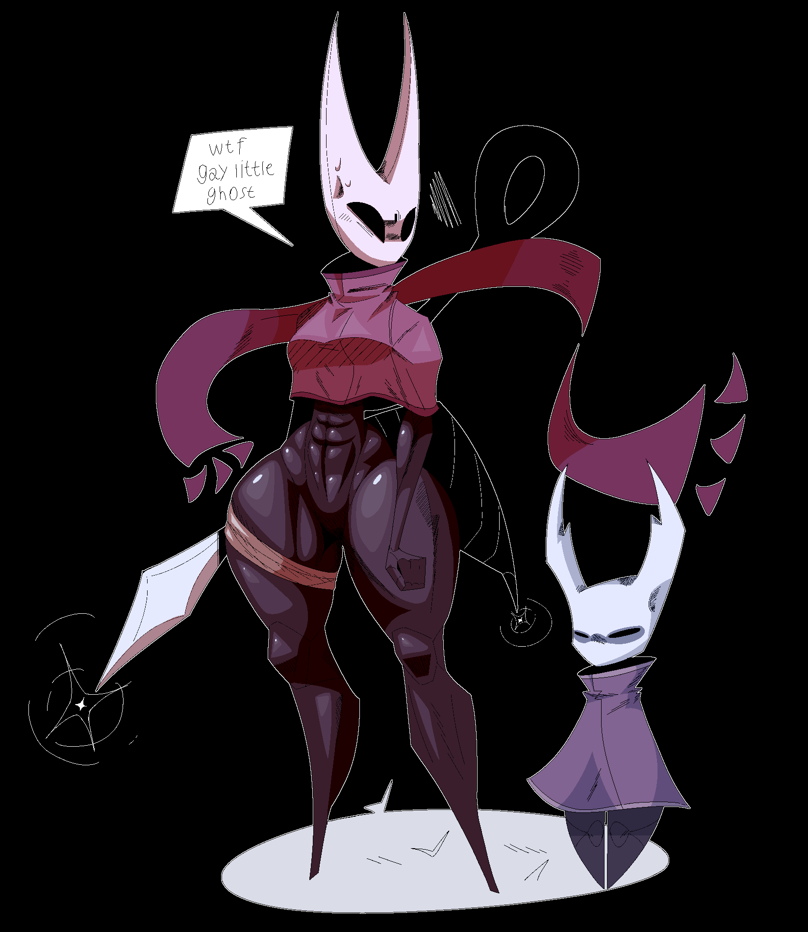 abs ambiguous_gender annoyed_expression anthro arachnid arthropod bodily_fluids bottomless cape clothed clothing duo featureless_crotch female hi_res hollow_knight horn hornet_(hollow_knight) insect insult larger_female looking_down scarf size_difference spider standing sweat team_cherry the_knight_(hollow_knight) thick_thighs vessel_(species) weapon wide_hips xexeezy